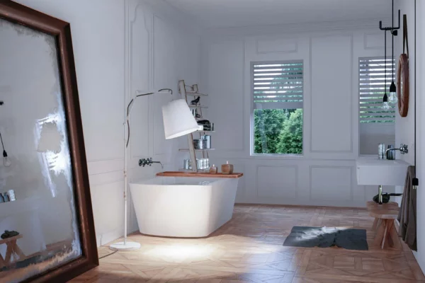 Badezimmer im Fabrik-Chic-Style  mit schmallen Fenster mit halboffenen Rollladen